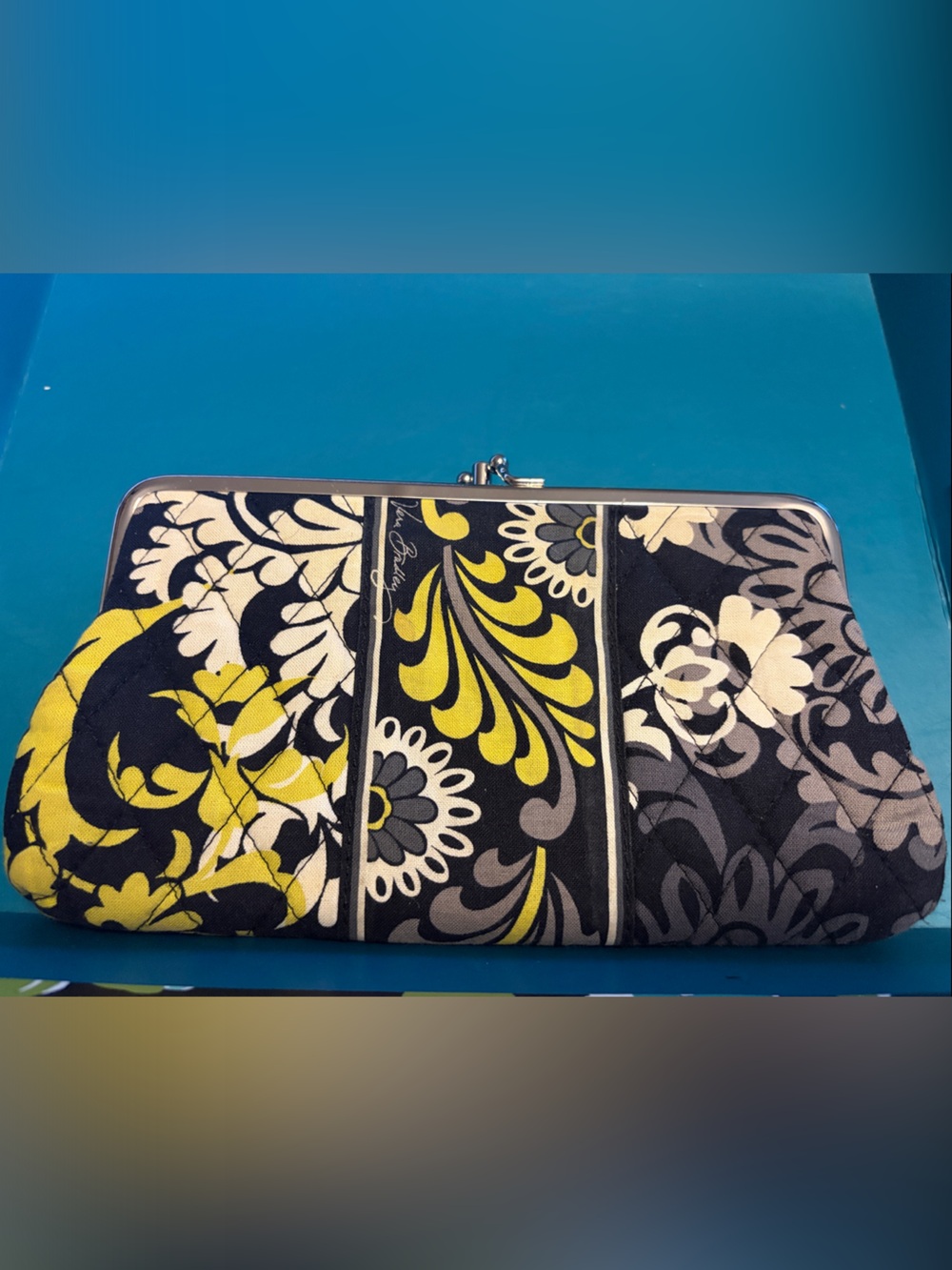 Vera Bradley Quilted Floral Frame Wallet in Black, Gray, White & Yellow